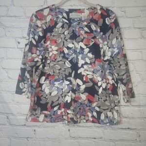 Alfred Dunner Petite Floral 3/4 Sleeve Knit Top Navy Red Rhinestone PM 001